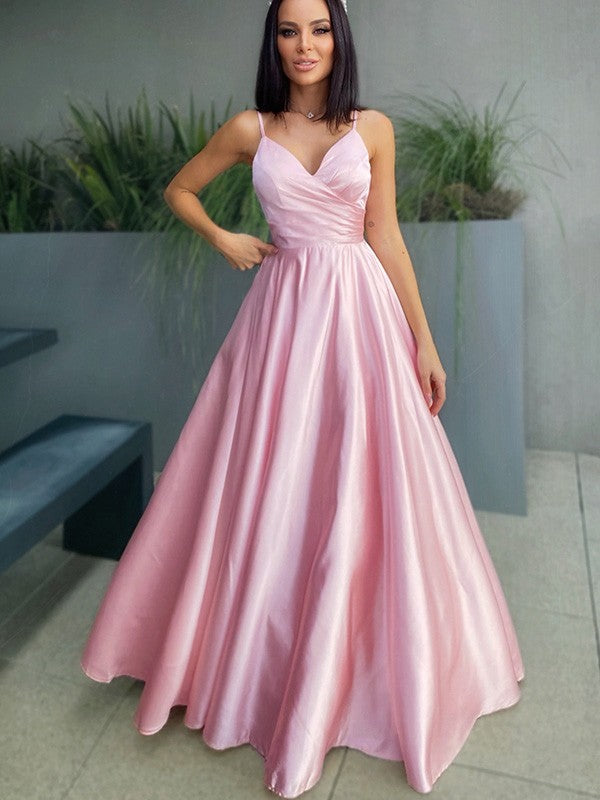 Vestido de noche de graduación con corte A/princesa, escote en V, satén fruncido, sin mangas y largo hasta el suelo
