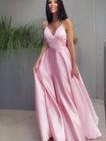 Vestido de noche de graduación con corte A/princesa, escote en V, satén fruncido, sin mangas y largo hasta el suelo