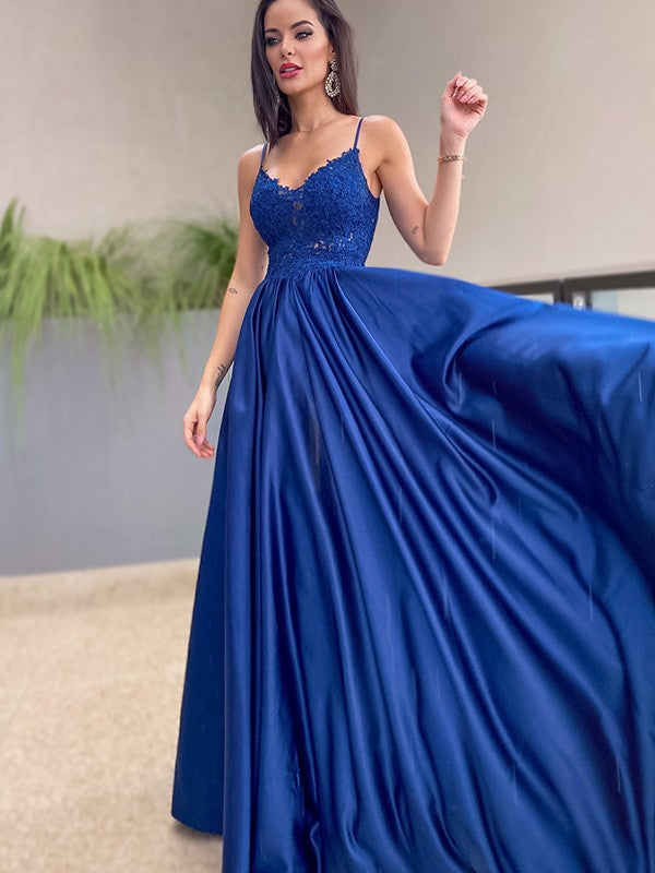 Vestido de noche de graduación con corte A/princesa, apliques, tirantes finos, satén, sin mangas, largo hasta el suelo