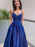 Vestido de noche de graduación con corte A/princesa, apliques, tirantes finos, satén, sin mangas, largo hasta el suelo