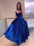 Vestido de noche de graduación con corte A/princesa, apliques, tirantes finos, satén, sin mangas, largo hasta el suelo