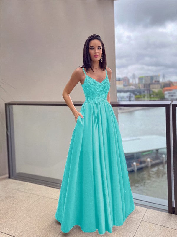 Vestido de noche de graduación con corte A/princesa, apliques, tirantes finos, satén, sin mangas, largo hasta el suelo