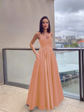 Vestido de noche de graduación con corte A/princesa, apliques, tirantes finos, satén, sin mangas, largo hasta el suelo