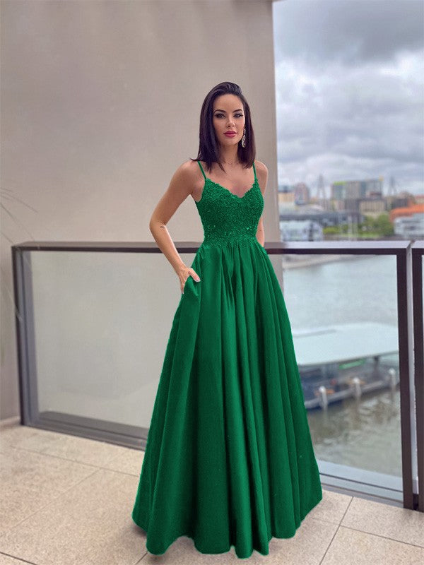 Vestido de noche de graduación con corte A/princesa, apliques, tirantes finos, satén, sin mangas, largo hasta el suelo