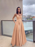 Vestido de noche de graduación con corte A/princesa, apliques, tirantes finos, satén, sin mangas, largo hasta el suelo