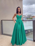 Vestido de noche de graduación con corte A/princesa, apliques, tirantes finos, satén, sin mangas, largo hasta el suelo