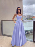 Vestido de noche de graduación con corte A/princesa, apliques, tirantes finos, satén, sin mangas, largo hasta el suelo