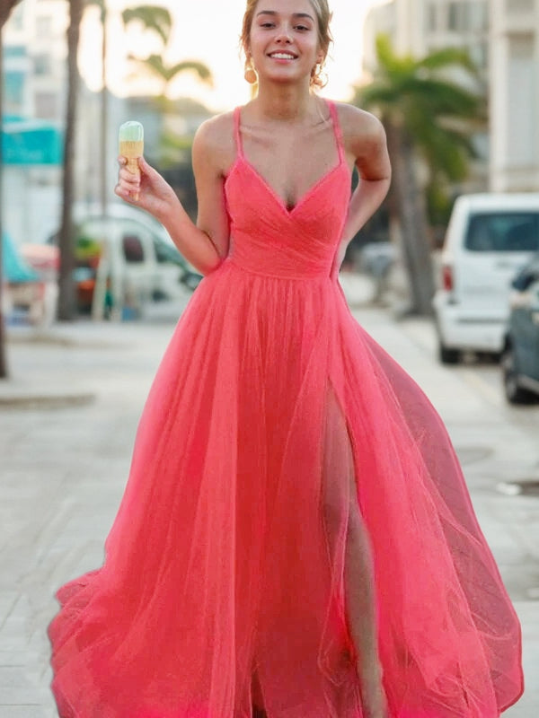 Vestido de noche de fiesta de corte A/princesa, sin mangas, de tul, escote en V, fruncido y con cola larga