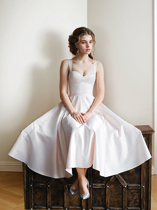 A-Line/Princess Straps Satin Ruffles Sleeveless Tea-Length Wedding Dresses Bridal Gowns