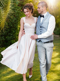 A-Line/Princess Straps Satin Ruffles Sleeveless Tea-Length Wedding Dresses Bridal Gowns