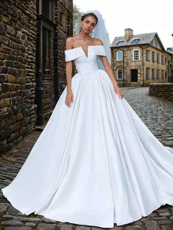 Ball Gown Satin Ruffles Off-the-Shoulder Sleeveless Court Train Wedding Dresses Bridal Gowns