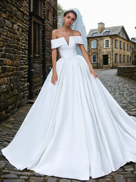 Ball Gown Satin Ruffles Off-the-Shoulder Sleeveless Court Train Wedding Dresses Bridal Gowns
