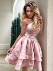 Vestidos de cóctel de corte A/princesa, con un solo hombro, charmeuse, volantes, sin mangas, cortos/mini