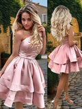 Vestidos de cóctel de corte A/princesa, con un solo hombro, charmeuse, volantes, sin mangas, cortos/mini