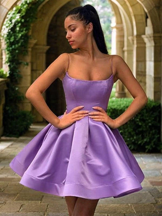 A-Line/Princess Square Satin Ruffles Sleeveless Short/Mini Homecoming Dresses