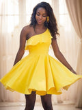 A-Line/Princess One-Shoulder Ruffles Sleeveless Satin Short/Mini Homecoming Dresses Prom Cocktail Gowns