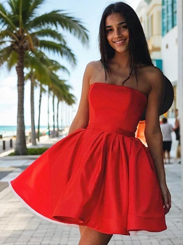 Vestidos de fiesta de graduación, de satén, corte A/princesa, sin tirantes, sin mangas, con volantes, cortos/mini, para cóctel