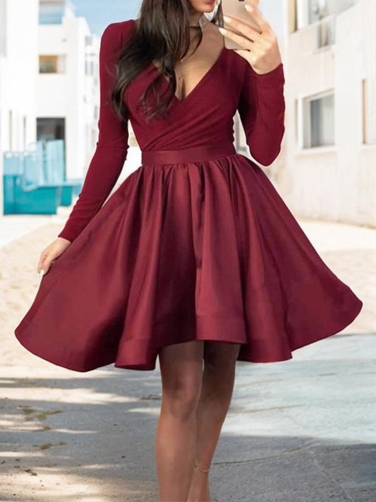 A-Line/Princess Ruffles Long Sleeves V-neck Satin Short/Mini Homecoming Dresses