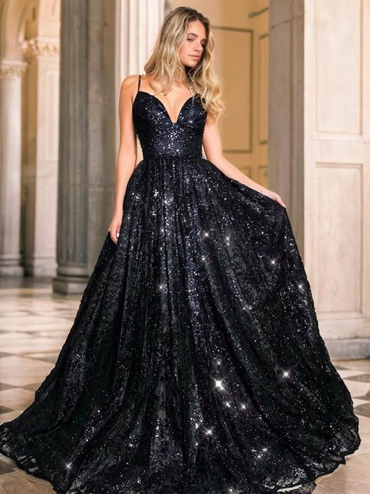 A-Line/Princess Floor-Length V-neck Sequin Sleeveless Sequins Dresses Prom Evening Dress