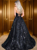 A-Line/Princess Floor-Length V-neck Sequin Sleeveless Sequins Dresses Prom Evening Dress