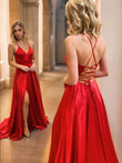 A-Line/Princess Sweep/Brush Train V-neck Sleeveless Satin Ruffles Dresses Prom Evening Dress