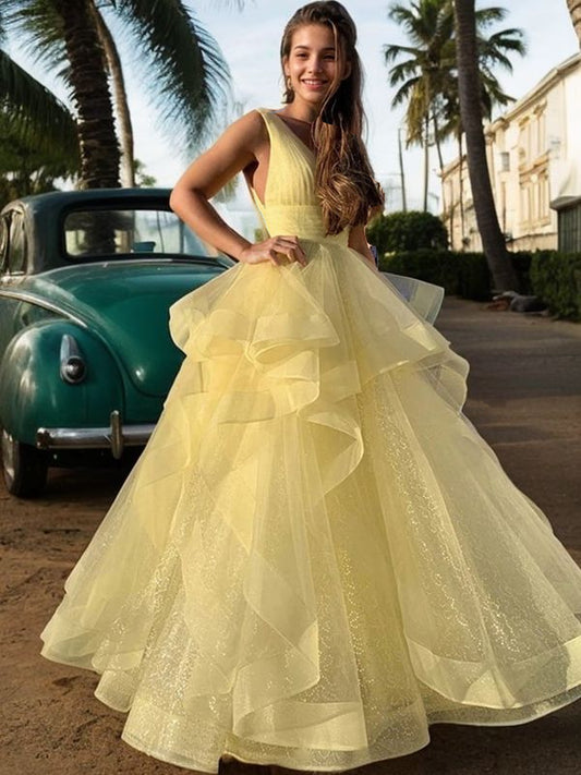 Ballkleid Bodenlang V-Ausschnitt Rüschen Ärmellos Tüllkleider Ballkleid Abendkleid Ballkleider