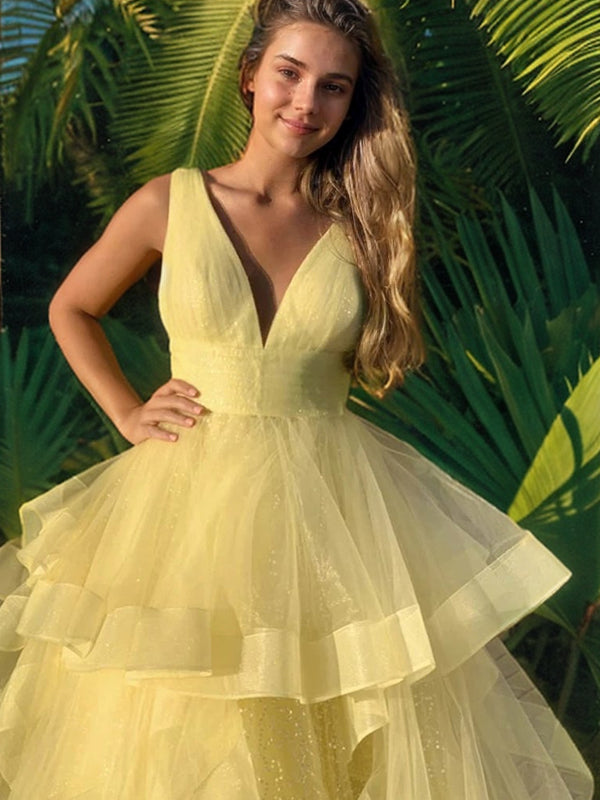 Ballkleid Bodenlang V-Ausschnitt Rüschen Ärmellos Tüllkleider Ballkleid Abendkleid Ballkleider