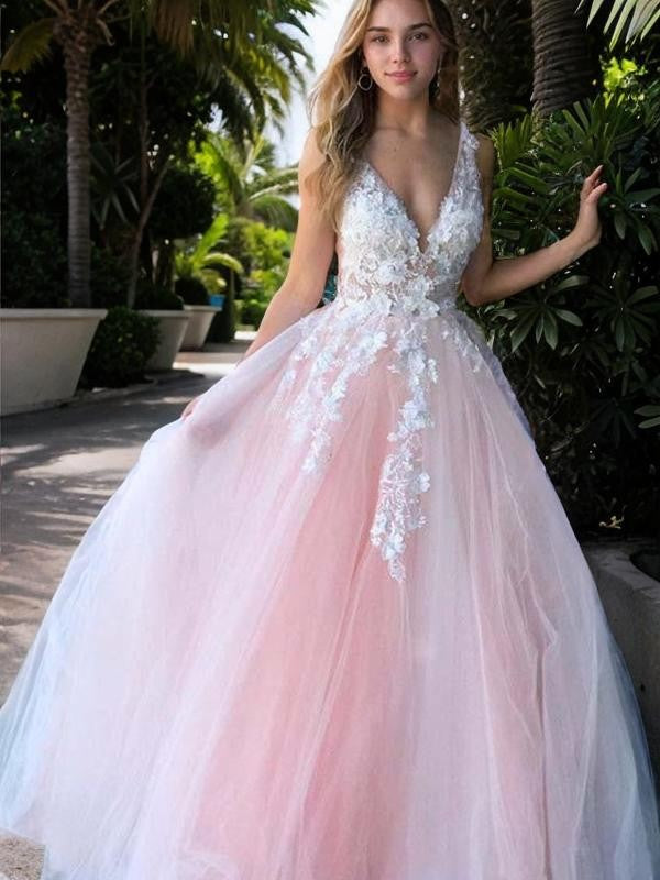 A-Linie/Princess-Linie V-Ausschnitt Tüll Applikationen Ärmellos Bodenlang Kleider Ballkleid Abendkleid