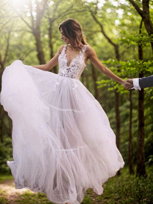 A-Line/Princess V-neck Sleeveless Tulle Applique Floor-Length Wedding Dresses Bridal Gowns