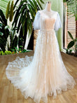 A-Line/Princess Tulle V-neck Short Sleeves Applique Sweep/Brush Train Wedding Dresses Bridal Gowns