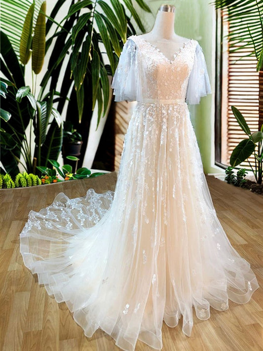 A-Line/Princess Tulle V-neck Short Sleeves Applique Sweep/Brush Train Wedding Dresses Bridal Gowns