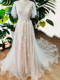 A-Line/Princess Tulle V-neck Short Sleeves Applique Sweep/Brush Train Wedding Dresses Bridal Gowns