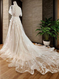A-Line/Princess Tulle V-neck Short Sleeves Applique Sweep/Brush Train Wedding Dresses Bridal Gowns