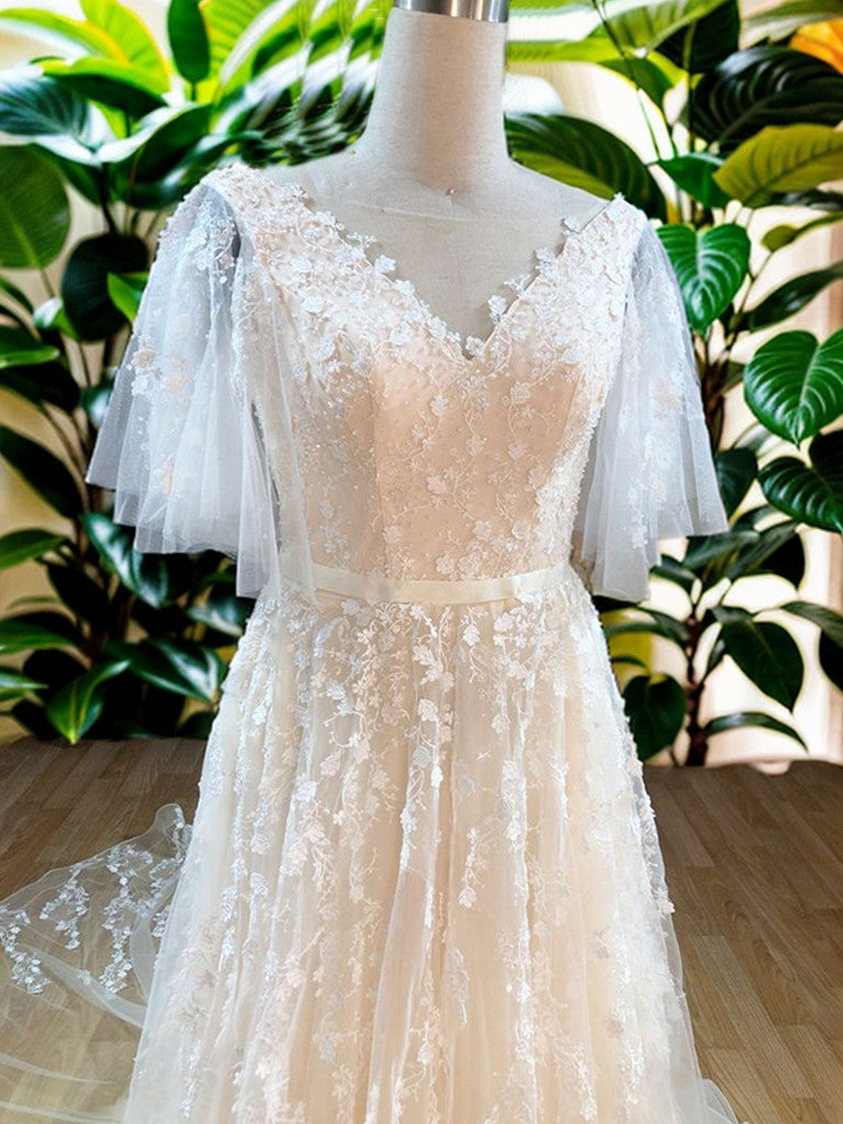 A-Line/Princess Tulle V-neck Short Sleeves Applique Sweep/Brush Train Wedding Dresses Bridal Gowns