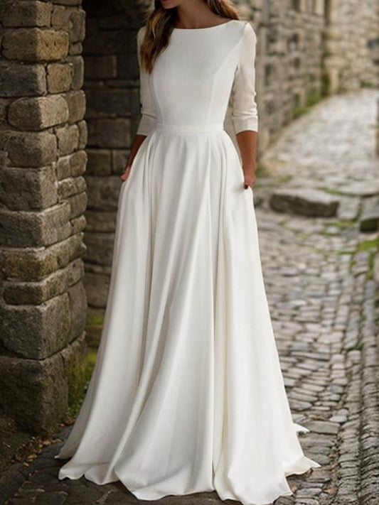A-Linie/Princess-Linie Stretch-Krepp Rüschen U-Ausschnitt 3/4-Ärmel Bodenlang Brautkleider