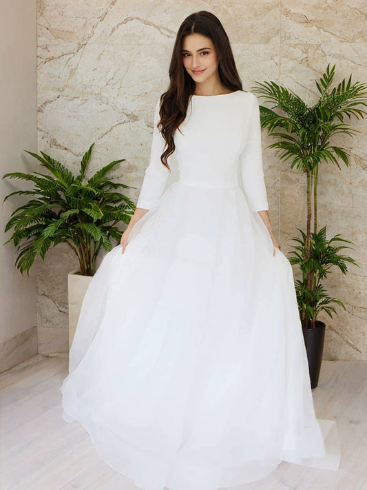 A-Line/Princess Tulle Ruffles Scoop Long Sleeves Floor-Length Wedding Dresses Bridal Gowns