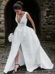 A-Line/Princess Sleeveless Satin Ruffles V-neck Sweep/Brush Train Wedding Dresses Bridal Gowns