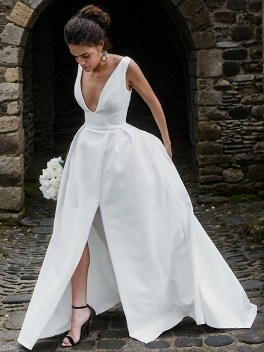 A-Line/Princess Sleeveless Satin Ruffles V-neck Sweep/Brush Train Wedding Dresses Bridal Gowns
