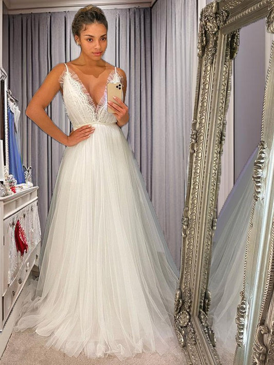 A-Line/Princess Sleeveless Tulle V-neck Ruffles Chapel Train Wedding Dresses Bridal Gowns