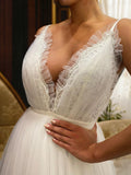 A-Line/Princess Sleeveless Tulle V-neck Ruffles Chapel Train Wedding Dresses Bridal Gowns
