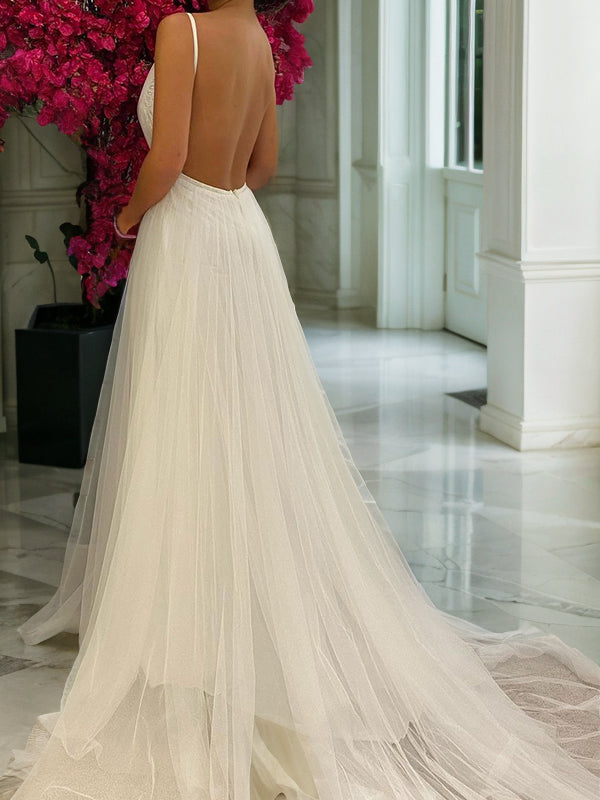 A-Line/Princess Sleeveless Tulle V-neck Ruffles Chapel Train Wedding Dresses Bridal Gowns