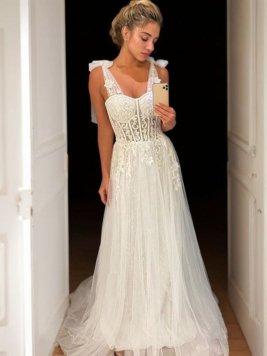 A-Line/Princess Tulle Applique Sleeveless Straps Sweep/Brush Train Wedding Dresses Bridal Gowns