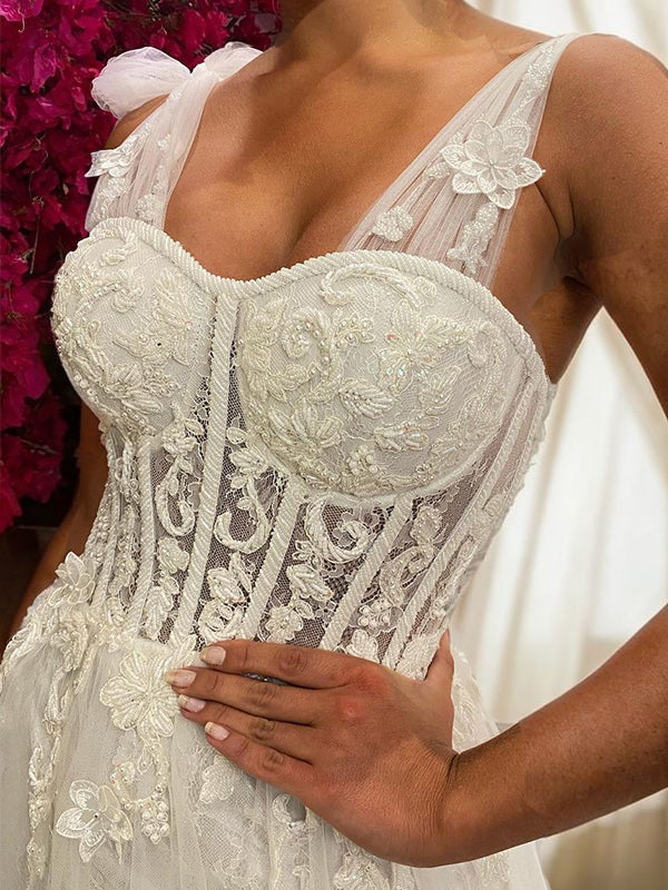 A-Line/Princess Tulle Applique Sleeveless Straps Sweep/Brush Train Wedding Dresses Bridal Gowns