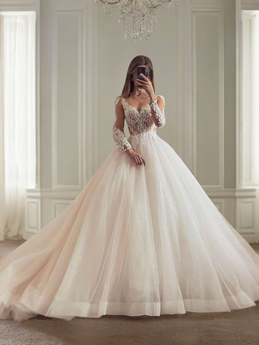Ball Gown Organza Applique V-neck Long Sleeves Court Train Wedding Dresses Bridal Gowns