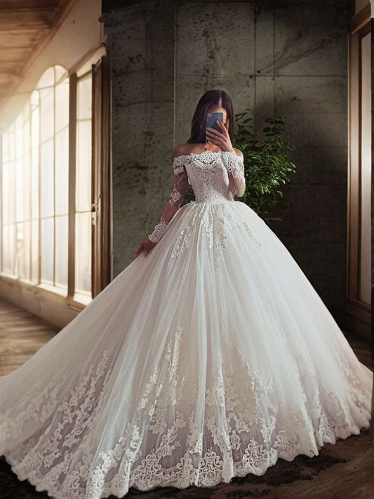 Ball Gown Off-the-Shoulder Tulle Applique Long Sleeves Court Train Wedding Dresses Bridal Gowns