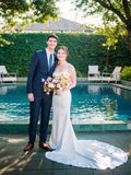 Sheath/Column Silk like Satin Ruched Square Sleeveless Court Train Wedding Dresses Bridal Gowns