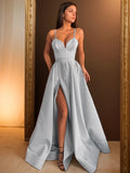 A-Line/Princess Satin Ruffles Sleeveless Spaghetti Straps Floor-Length Dresses Prom Evening Dress