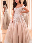 A-Line/Princess Tulle Applique Off-the-Shoulder Sleeveless Floor-Length Dresses Prom Ball Gowns