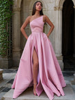 Vestido de noche de graduación de corte A/princesa, sin tirantes, de satén, sin mangas, con volantes y largo hasta el suelo