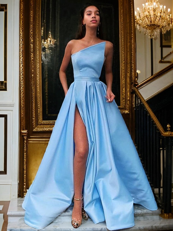 Vestido de noche de graduación de corte A/princesa, sin tirantes, de satén, sin mangas, con volantes y largo hasta el suelo
